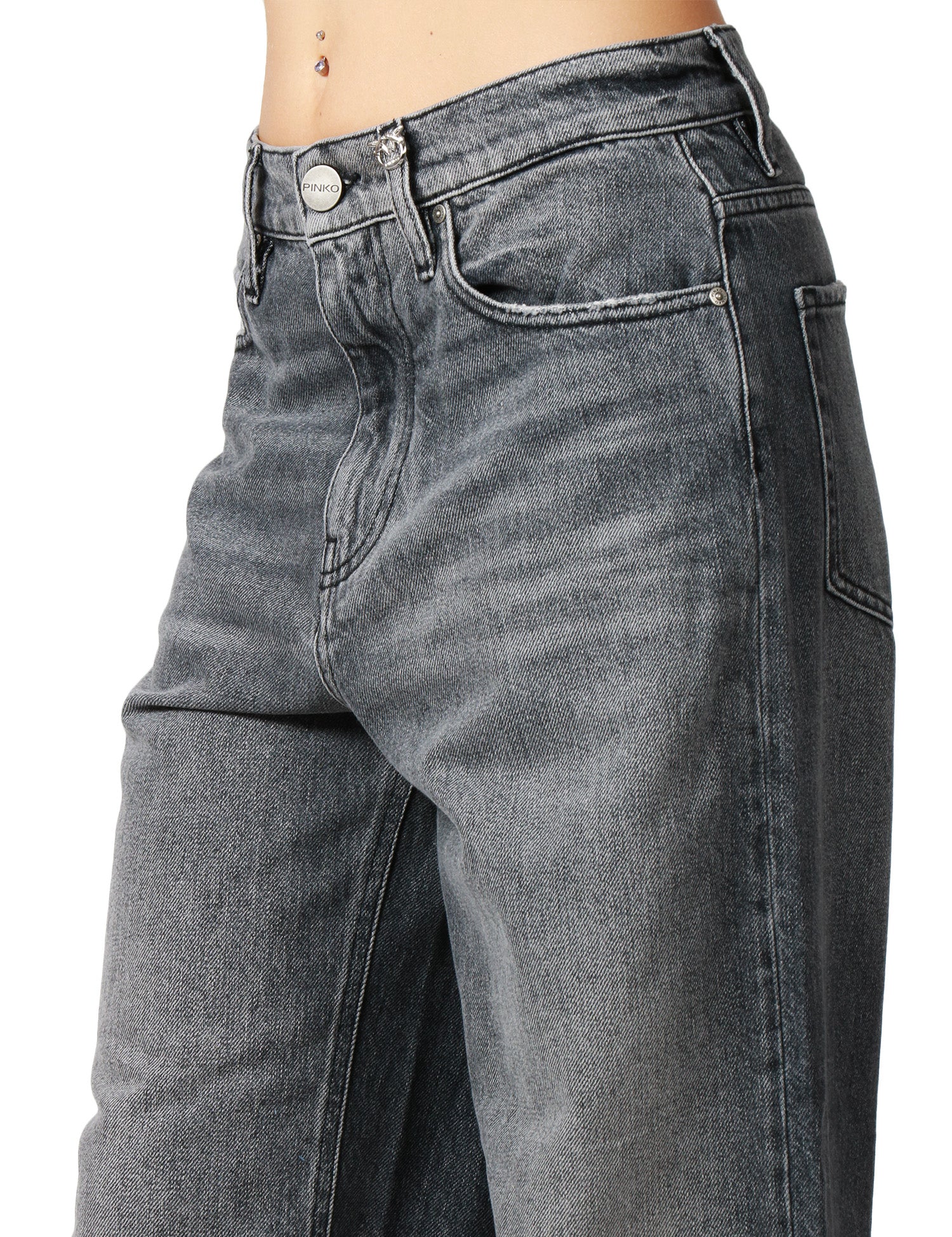 JEANS DONNA PINKO ESTELLE DARK GREY BALLON FIT CON RICAMO LOVE BIRDS SULLA TASCA POSTERIORE