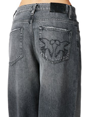 JEANS DONNA PINKO ESTELLE DARK GREY BALLON FIT CON RICAMO LOVE BIRDS SULLA TASCA POSTERIORE