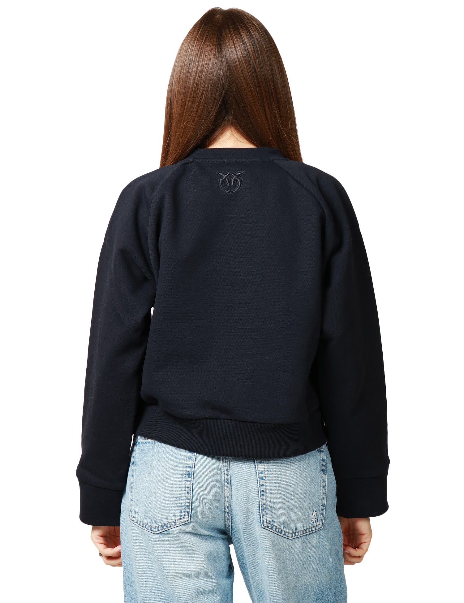 FELPA DONNA PINKO MARGARINA BLU TENEBRA CON MANICA RAGLAN E BOTTONI DORATI SULLA SPALLA SINISTRA