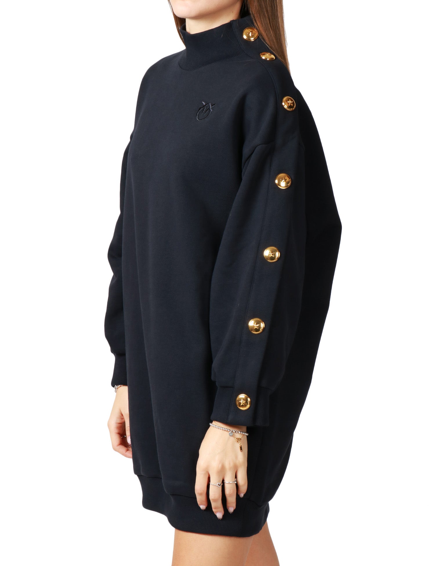 MAGLIA MAXI DONNA PINKO BLU CON COLLO ALTO E BOTTONI IN METALLO DORATI DECORATI SUL PROFILO DELLE MANICHE