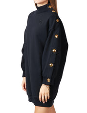 MAGLIA MAXI DONNA PINKO BLU CON COLLO ALTO E BOTTONI IN METALLO DORATI DECORATI SUL PROFILO DELLE MANICHE