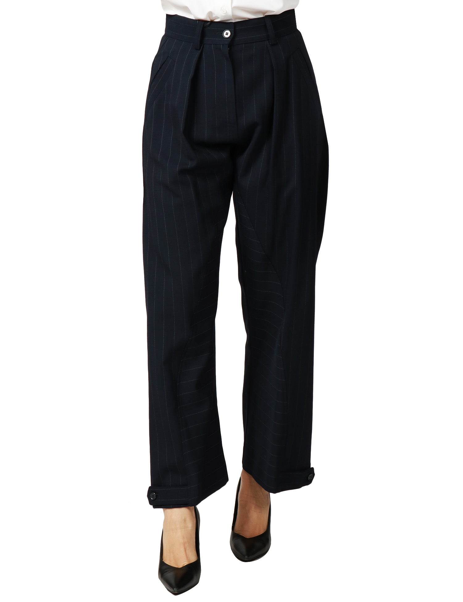 PANTALONE DONNA PINKO PASTASFOGLIA BLU/BIANCO GESSATO CON GAMBA A PALLONCINO IN LANA POLY
