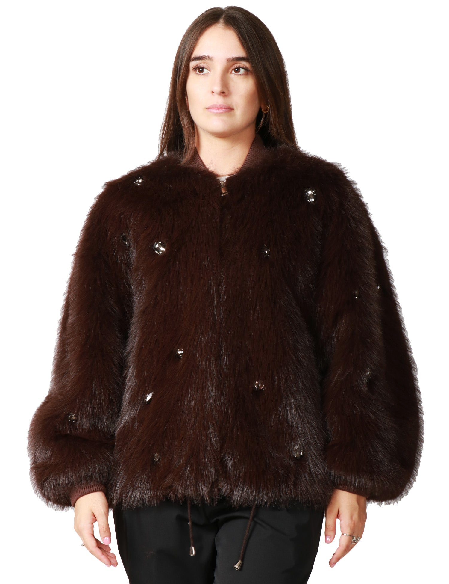 ECOPELLICCIA BOMBER DONNA SWORD COFFEE A PELO MEDIO CON PIETRE APPLICATE