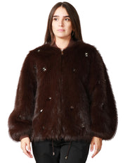 ECOPELLICCIA BOMBER DONNA SWORD COFFEE A PELO MEDIO CON PIETRE APPLICATE