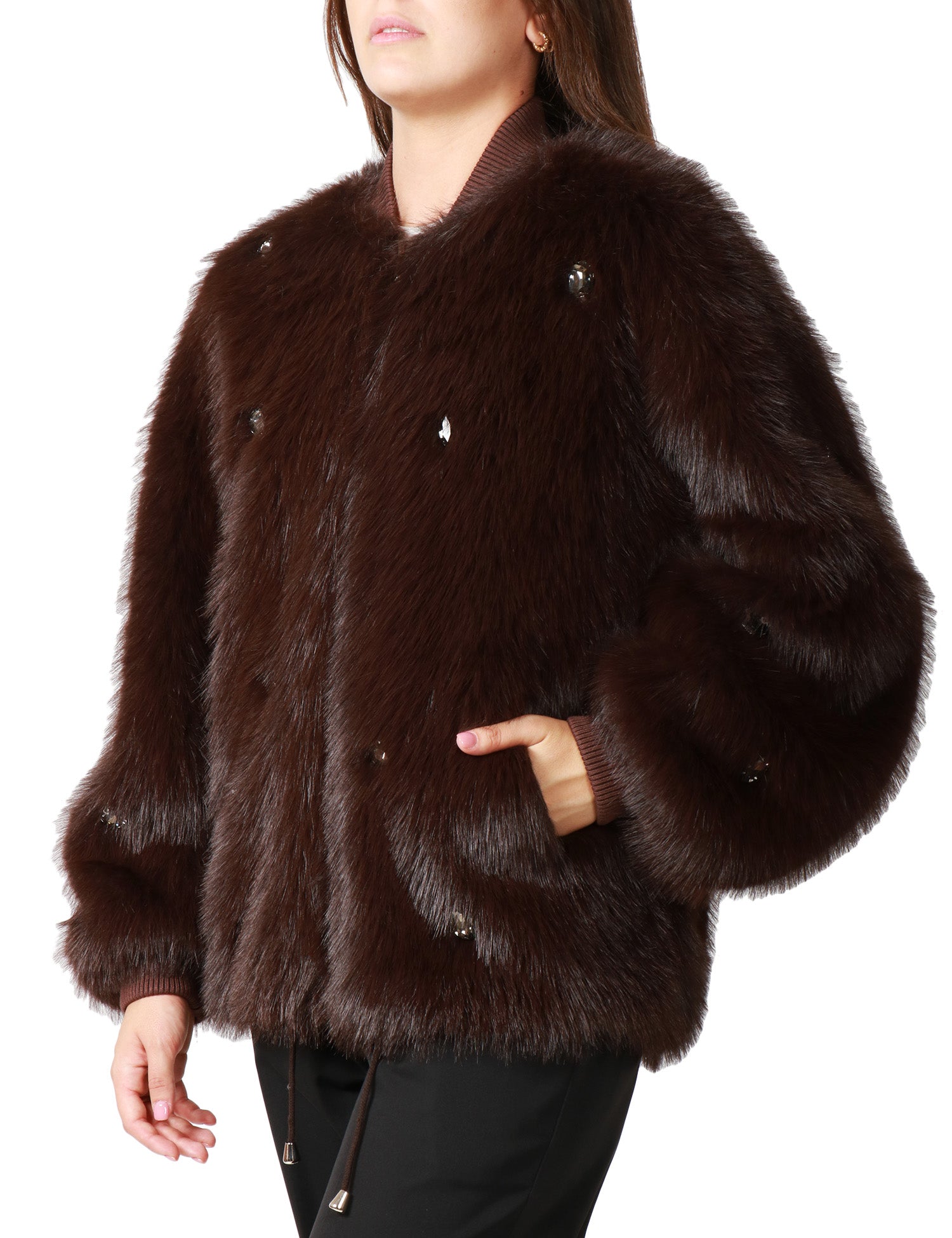 ECOPELLICCIA BOMBER DONNA SWORD COFFEE A PELO MEDIO CON PIETRE APPLICATE