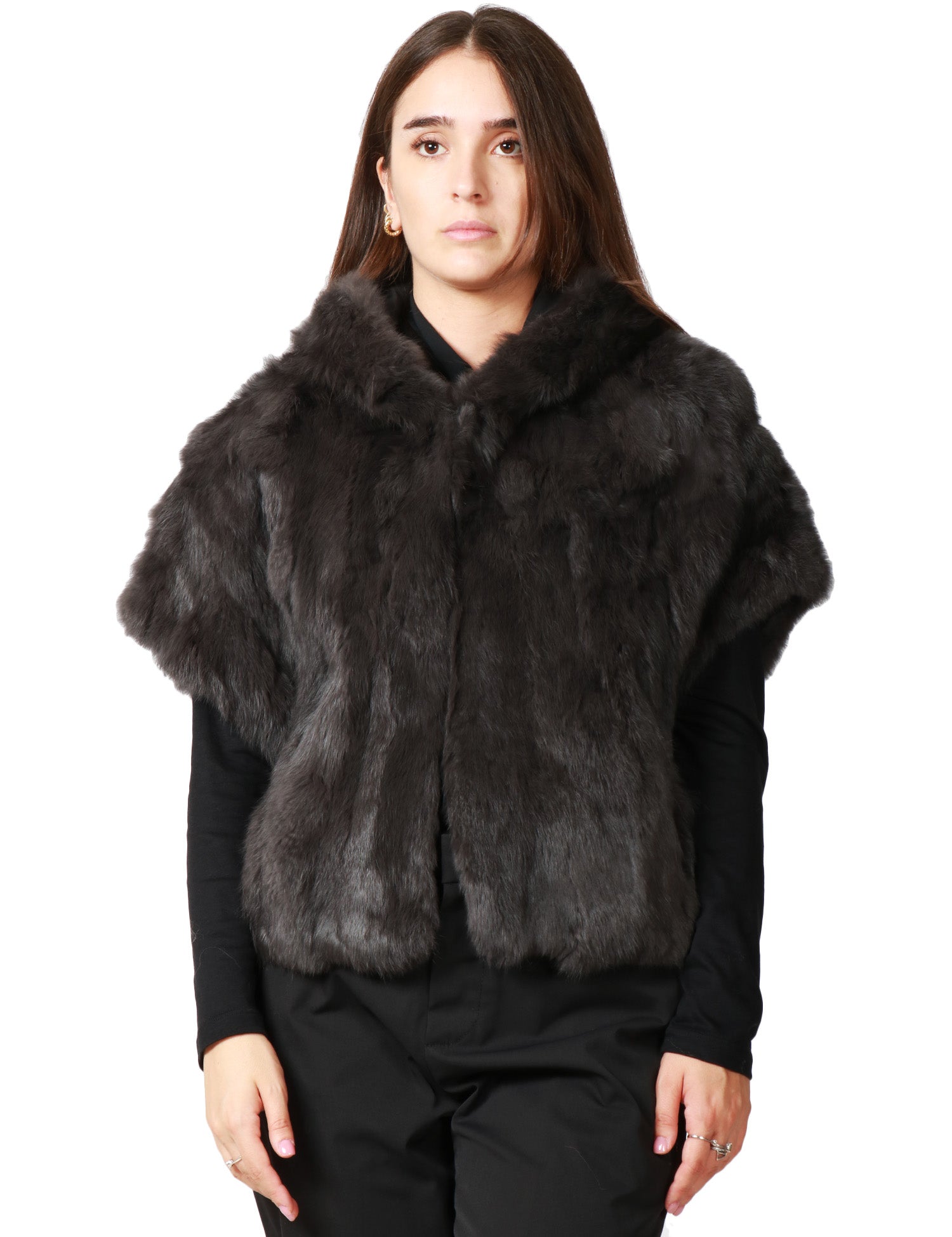 CAPPA PELLICCIA TAVUS MILANO CARBONE A MEZZA MANICA CON CAPPUCCIO 100% LAPIN
