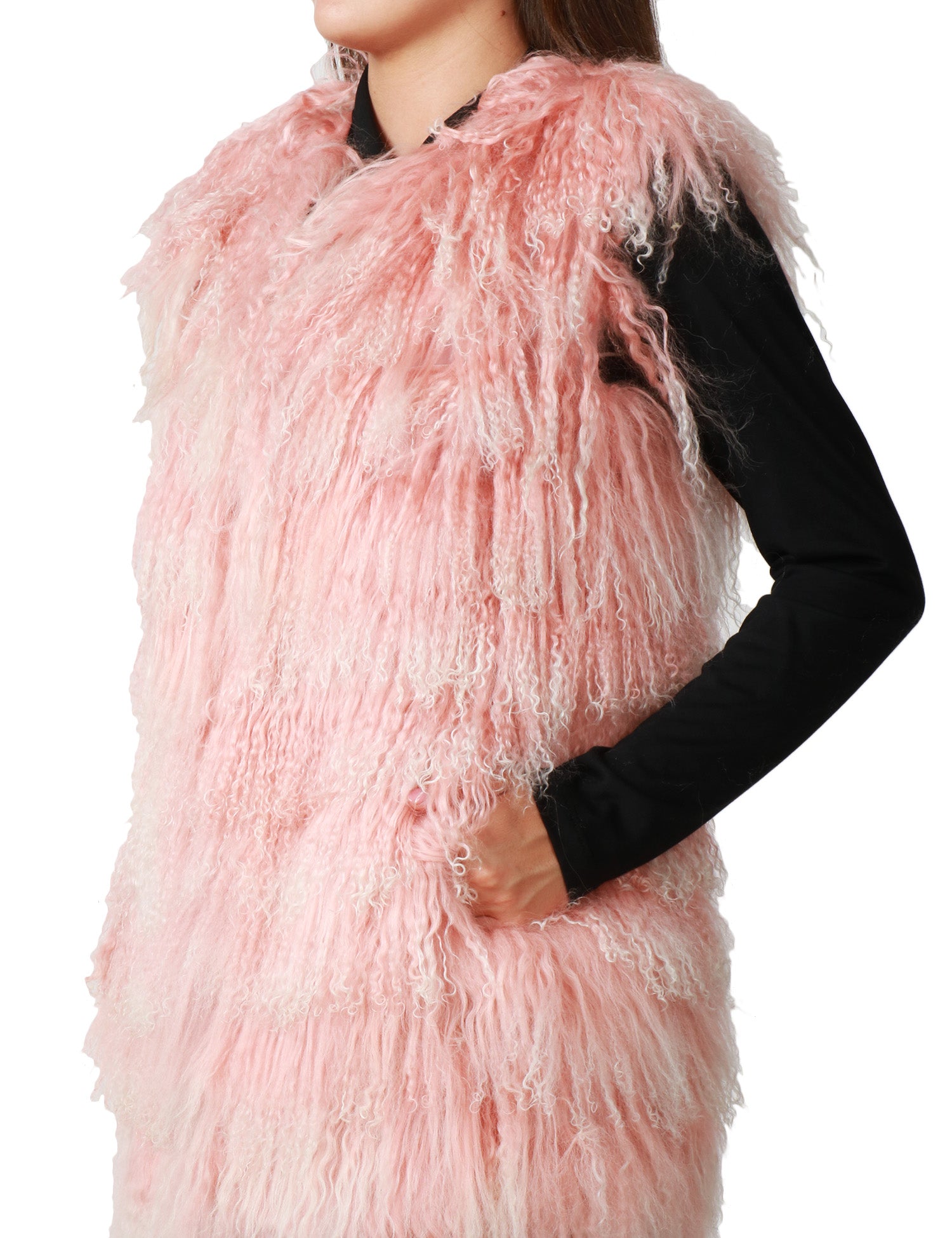GILET PELLICCIA TAVUS MILANO PINK A PELO LUNGO 100% LANA DI AGNELLO