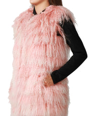 GILET PELLICCIA TAVUS MILANO PINK A PELO LUNGO 100% LANA DI AGNELLO