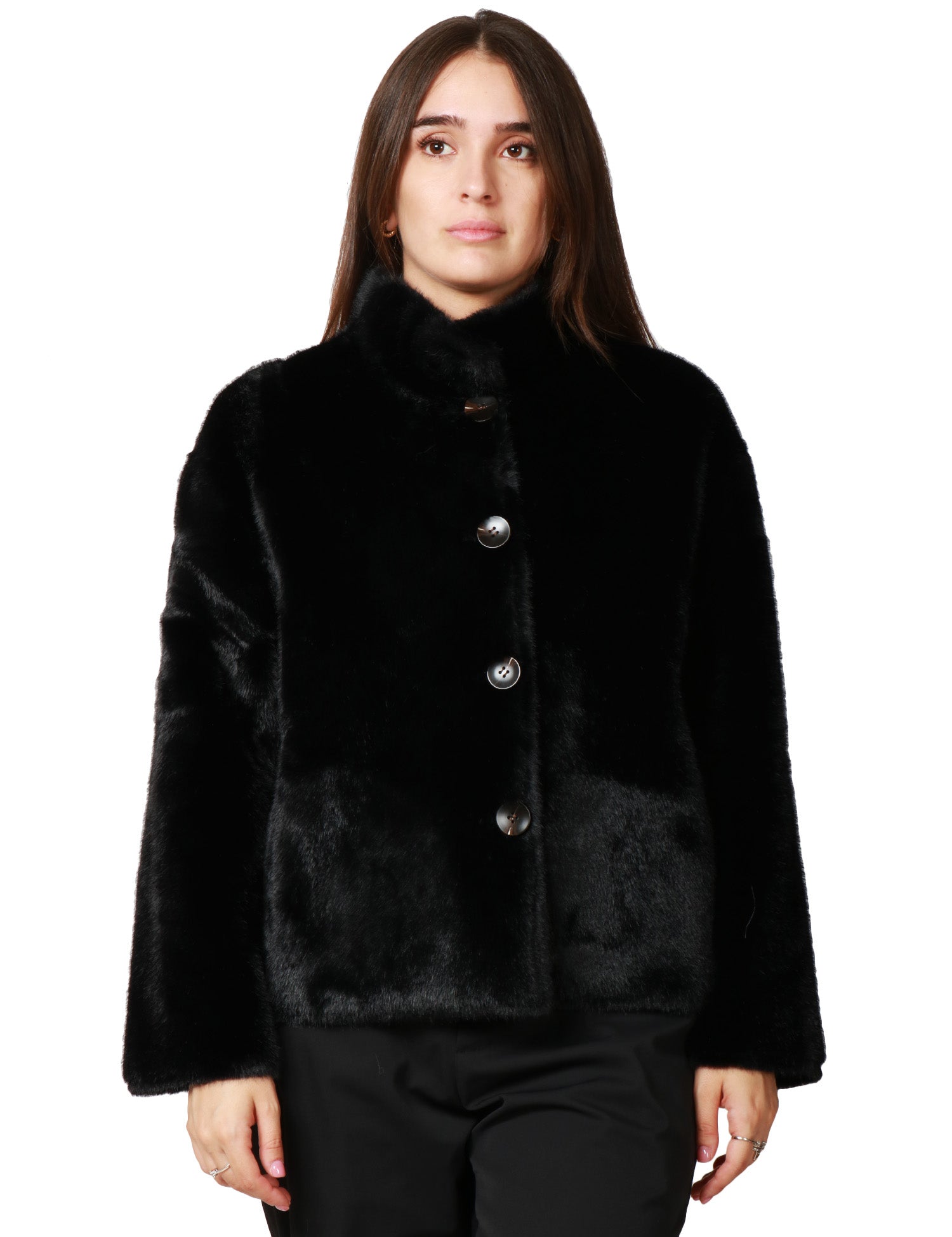 ECOPELLICCIA DONNA TAVUS MILANO NERA REVERSIBILE A PELO MEDIO CON BOTTONI IN TONO