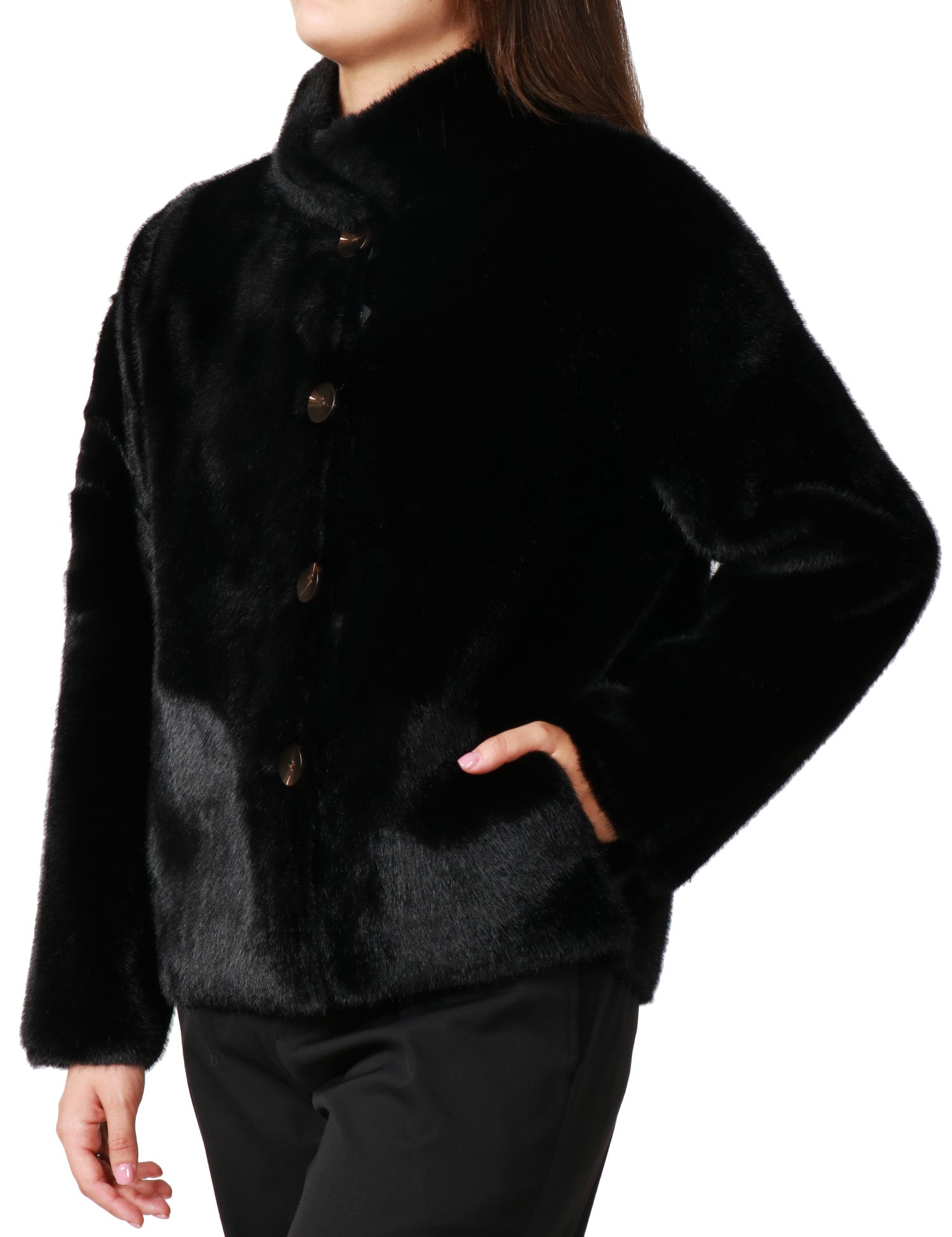 ECOPELLICCIA DONNA TAVUS MILANO NERA REVERSIBILE A PELO MEDIO CON BOTTONI IN TONO