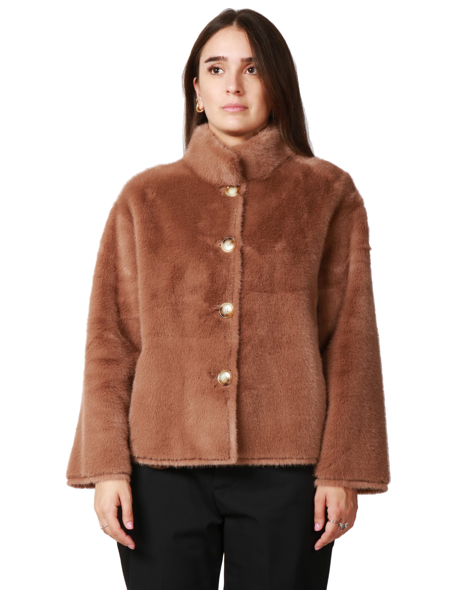 ECOPELLICCIA DONNA TAVUS MILANO BROWN REVERSIBILE A PELO CORTO CON BOTTONI E COLLO IN PIEDI