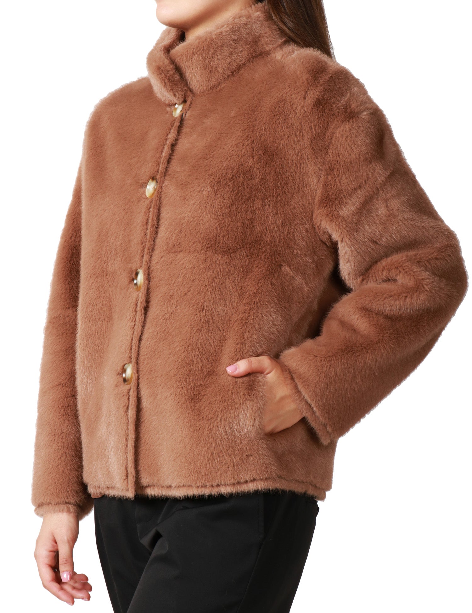 ECOPELLICCIA DONNA TAVUS MILANO BROWN REVERSIBILE A PELO CORTO CON BOTTONI E COLLO IN PIEDI