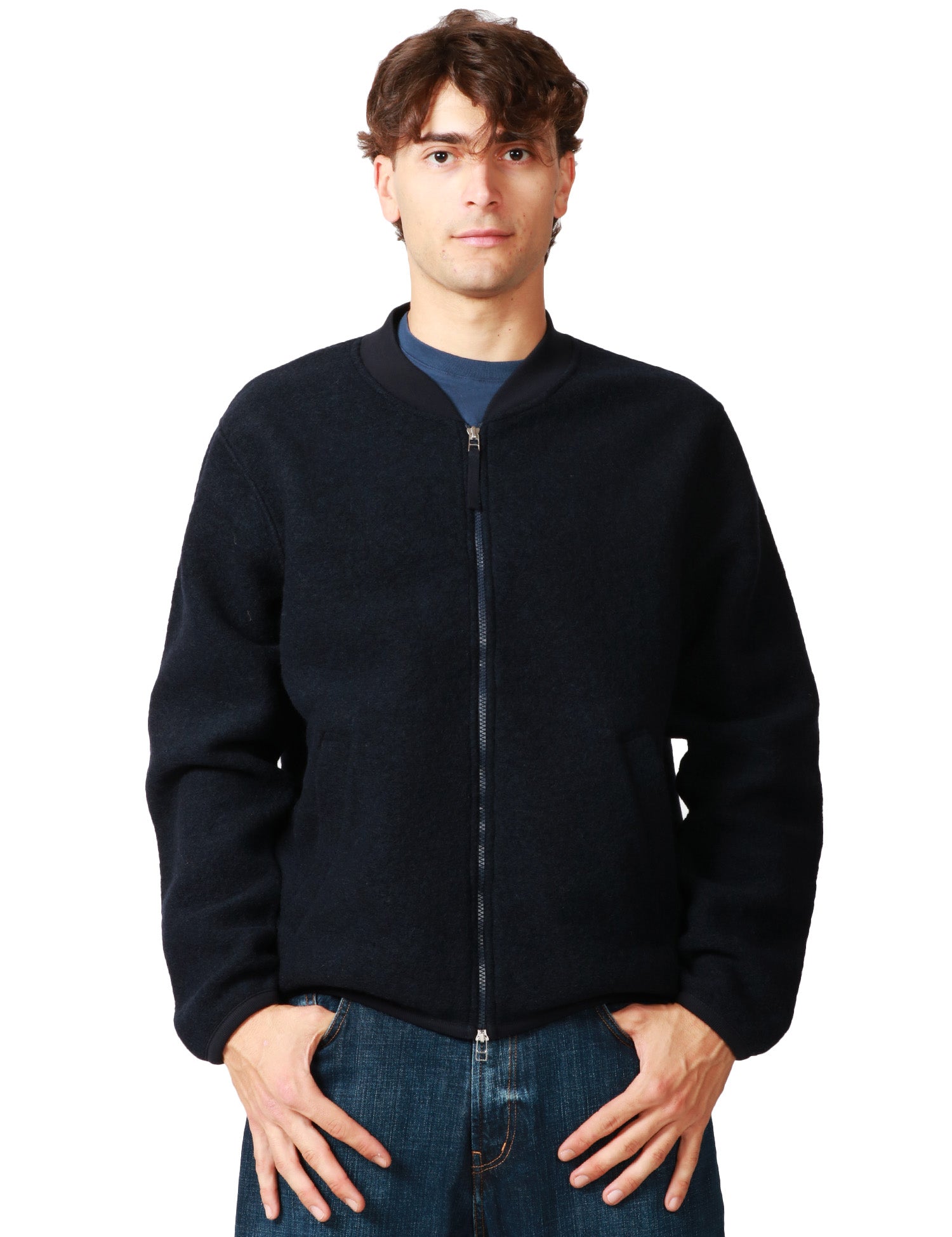 GIUBBOTTO BOMBER UOMO UNIVERSAL WOKS BLU NAVY IN LANA CON ZIP BIDIREZIONALE