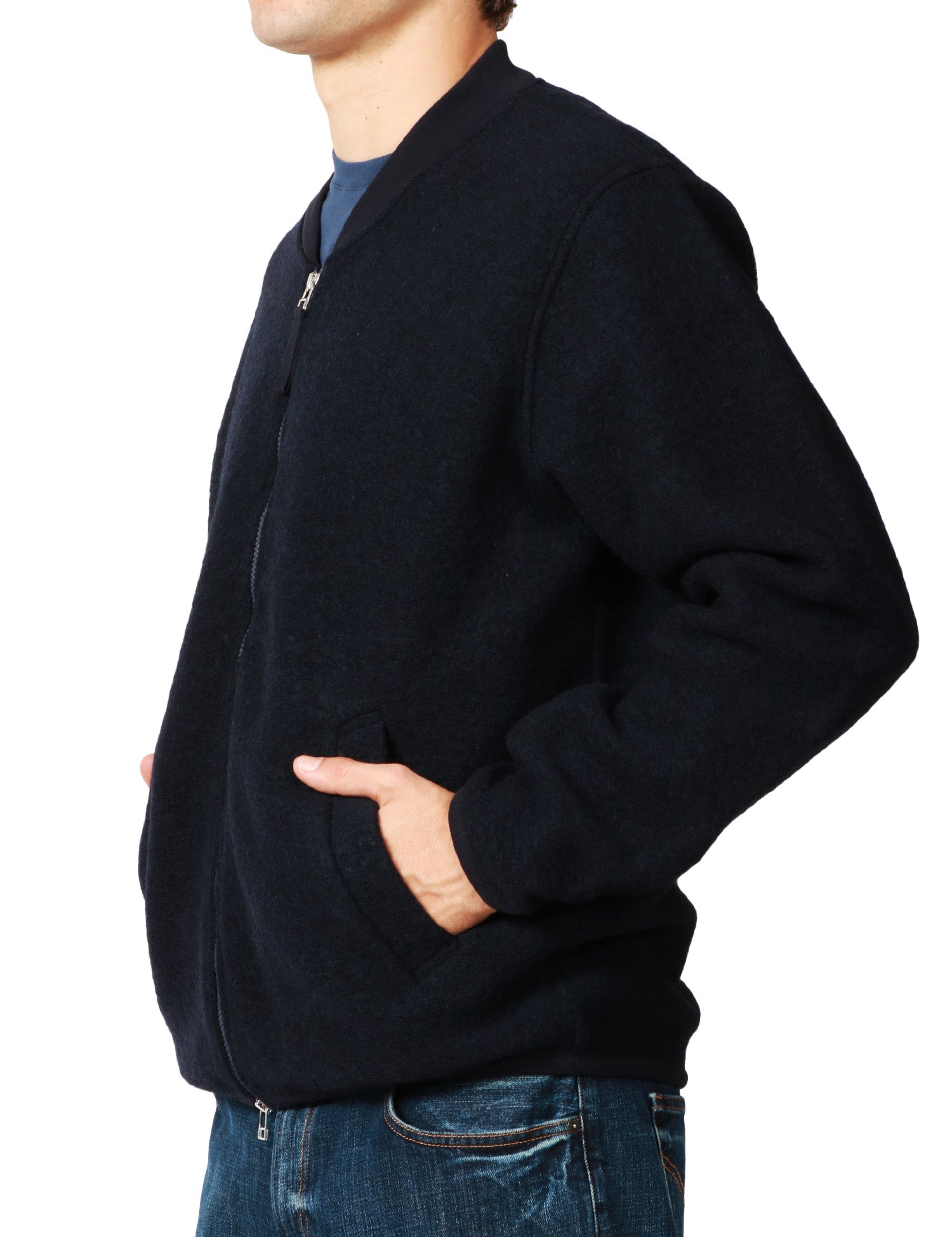 GIUBBOTTO BOMBER UOMO UNIVERSAL WOKS BLU NAVY IN LANA CON ZIP BIDIREZIONALE