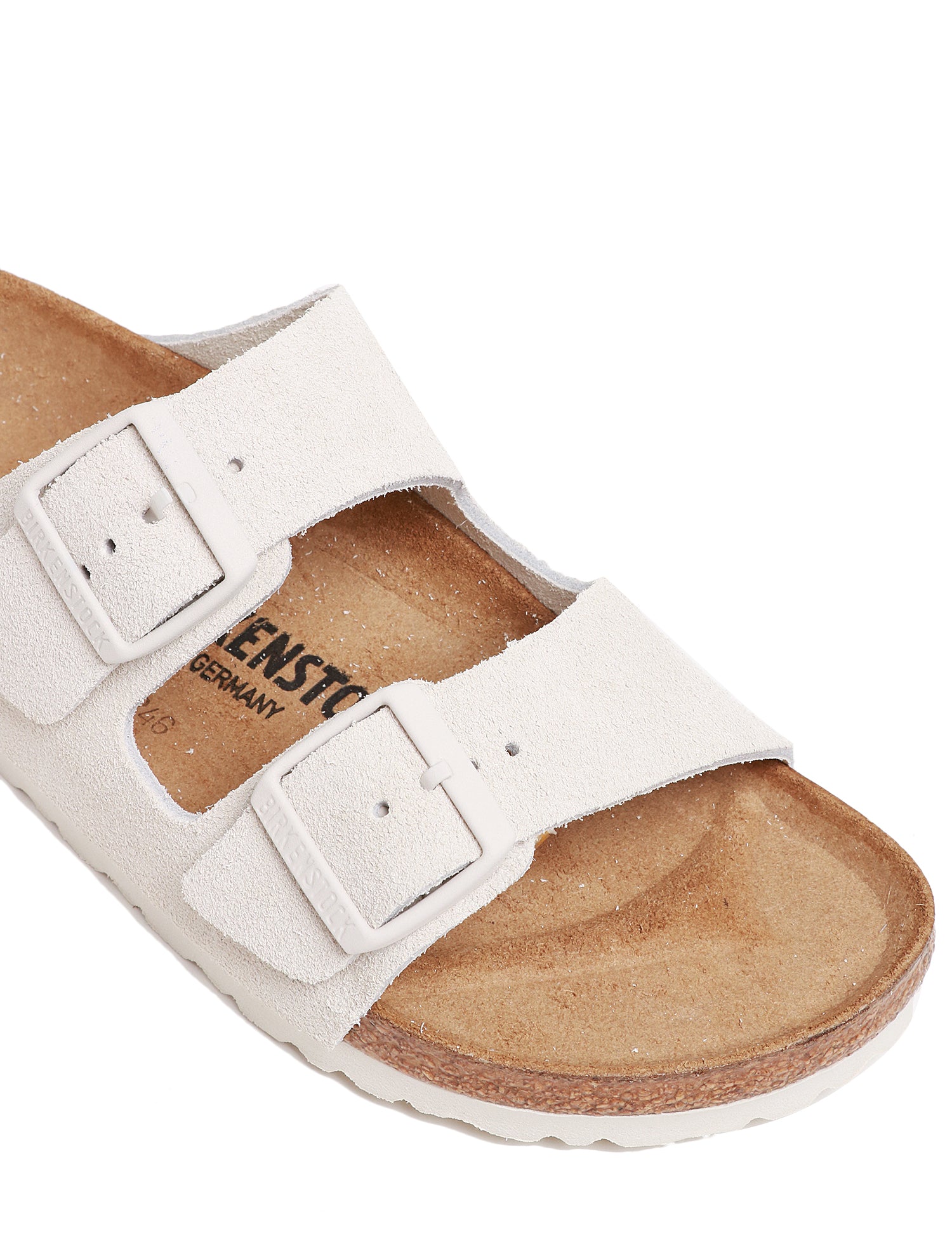 CIABATTA DONNA BIRKENSTOCK ARIZONA WHITE IN PELLE SCAMOSCIATA CON DOPPIO CINTURINO E FIBBIE IN TONO COLORE