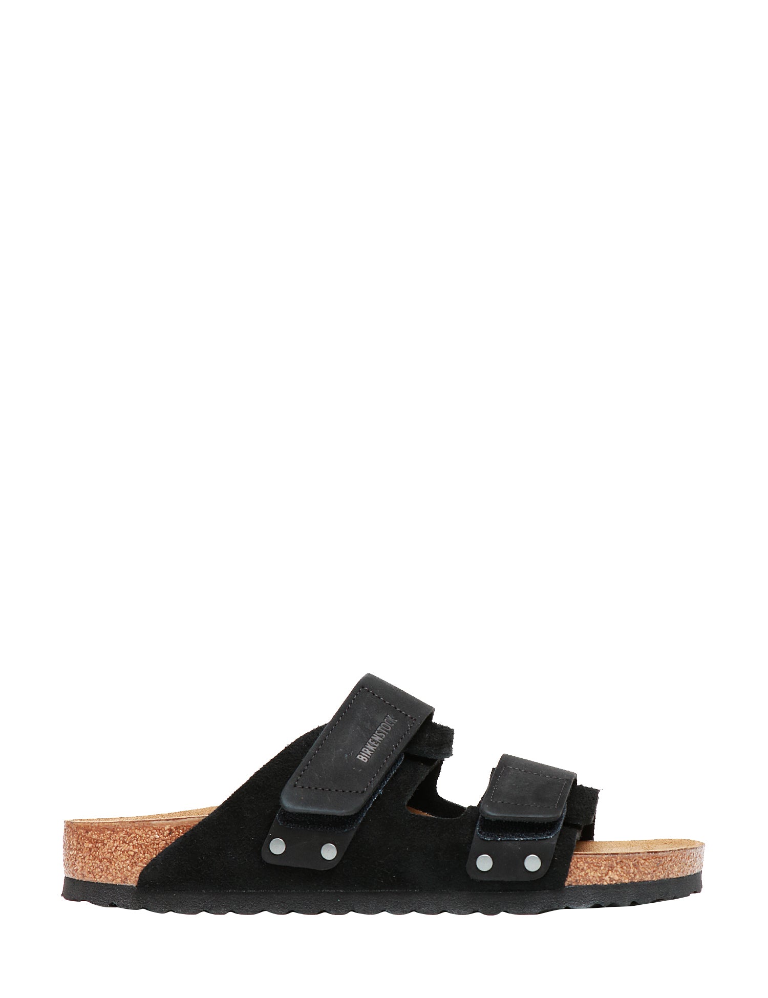 CIABATTA UOMO BIRKENSTOCK UJI NERA IN PELLE SCAMOSCIATA CON DUE CHIUSURE REGOLABILI E PLANTARE ANATOMICO IN SUGHERO E LATTICE