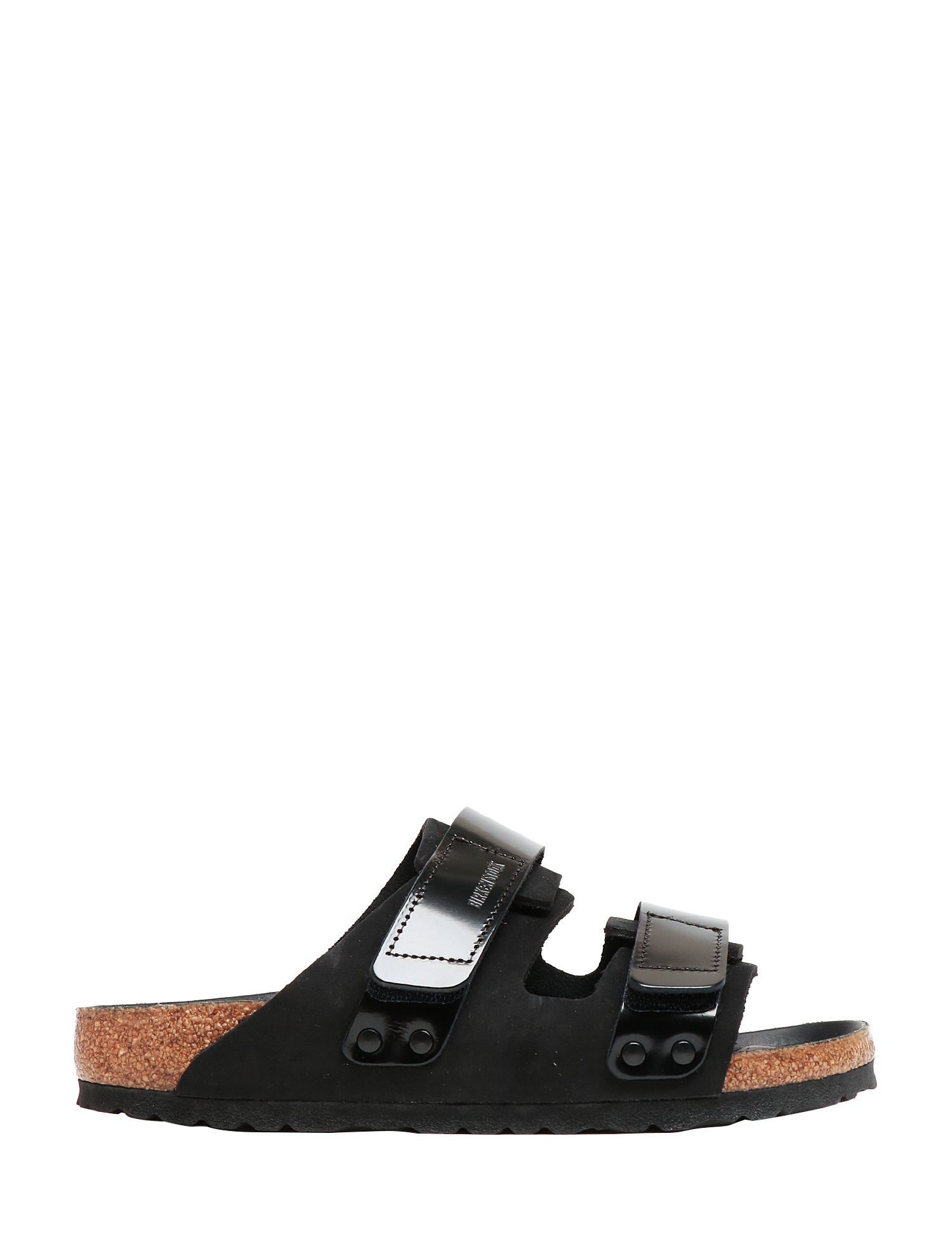 CIABATTA BIRKENSTOCK UJI NERA IN PELLE SCAMOSCIATA CON DOPPIA CHIUSURA REGOLABILE IN PELLE LUCIDA
