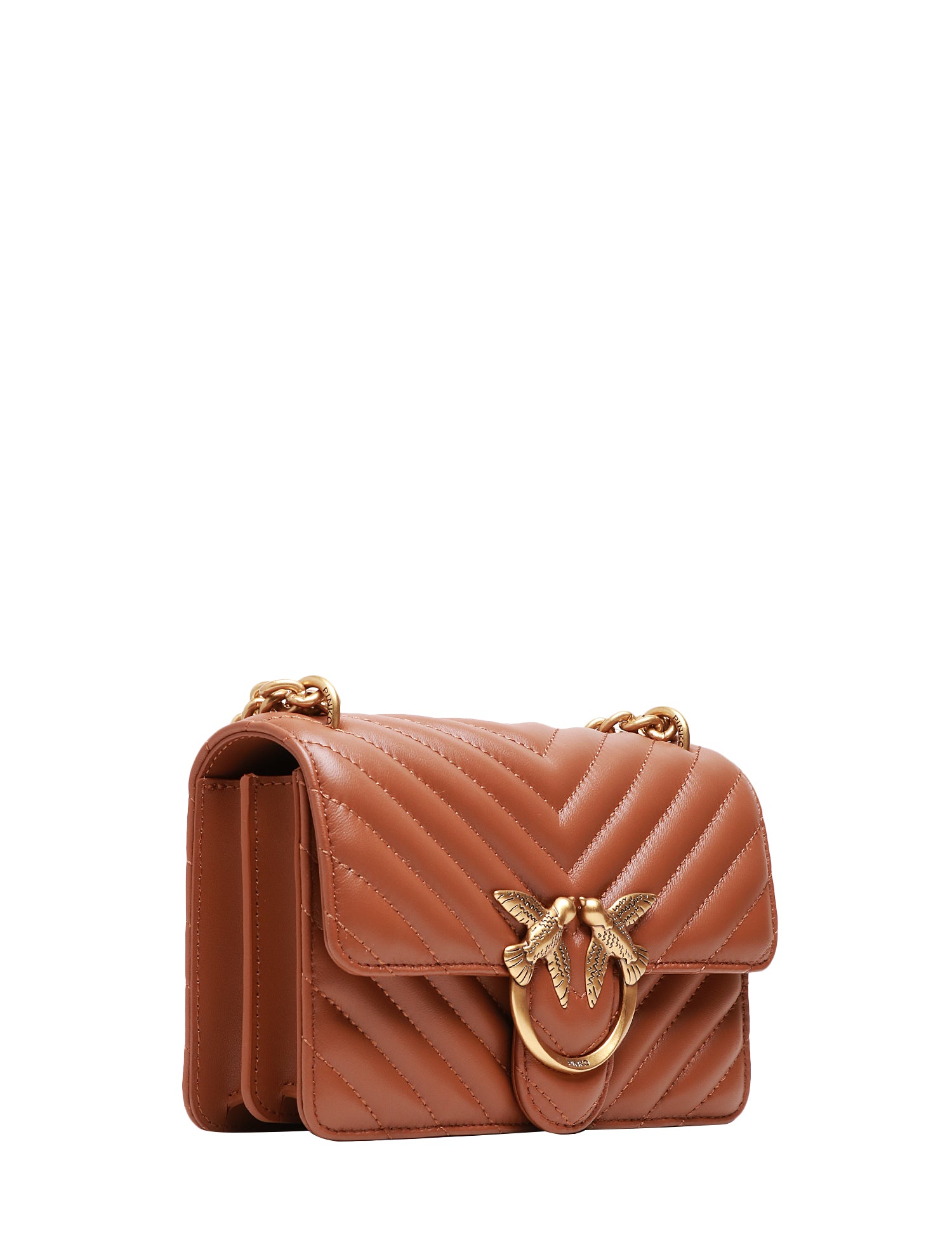 BORSA PINKO MARRONE MINI LOVE BAG ONE IN NAPPA TRAPUNTATA CON MOTIVO CHEVRON E FIBBIA LOGO ORO