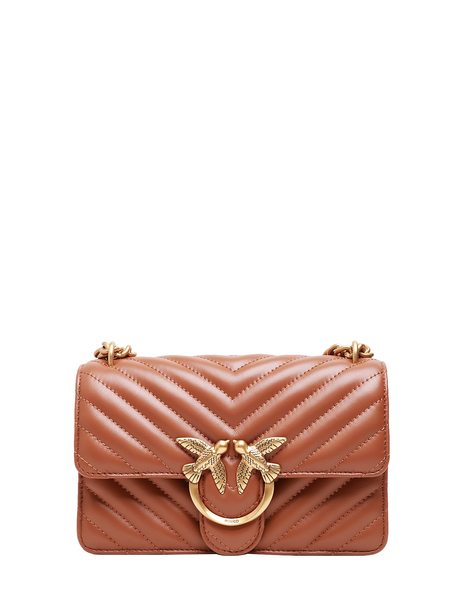 BORSA PINKO MARRONE MINI LOVE BAG ONE IN NAPPA TRAPUNTATA CON MOTIVO CHEVRON E FIBBIA LOGO ORO