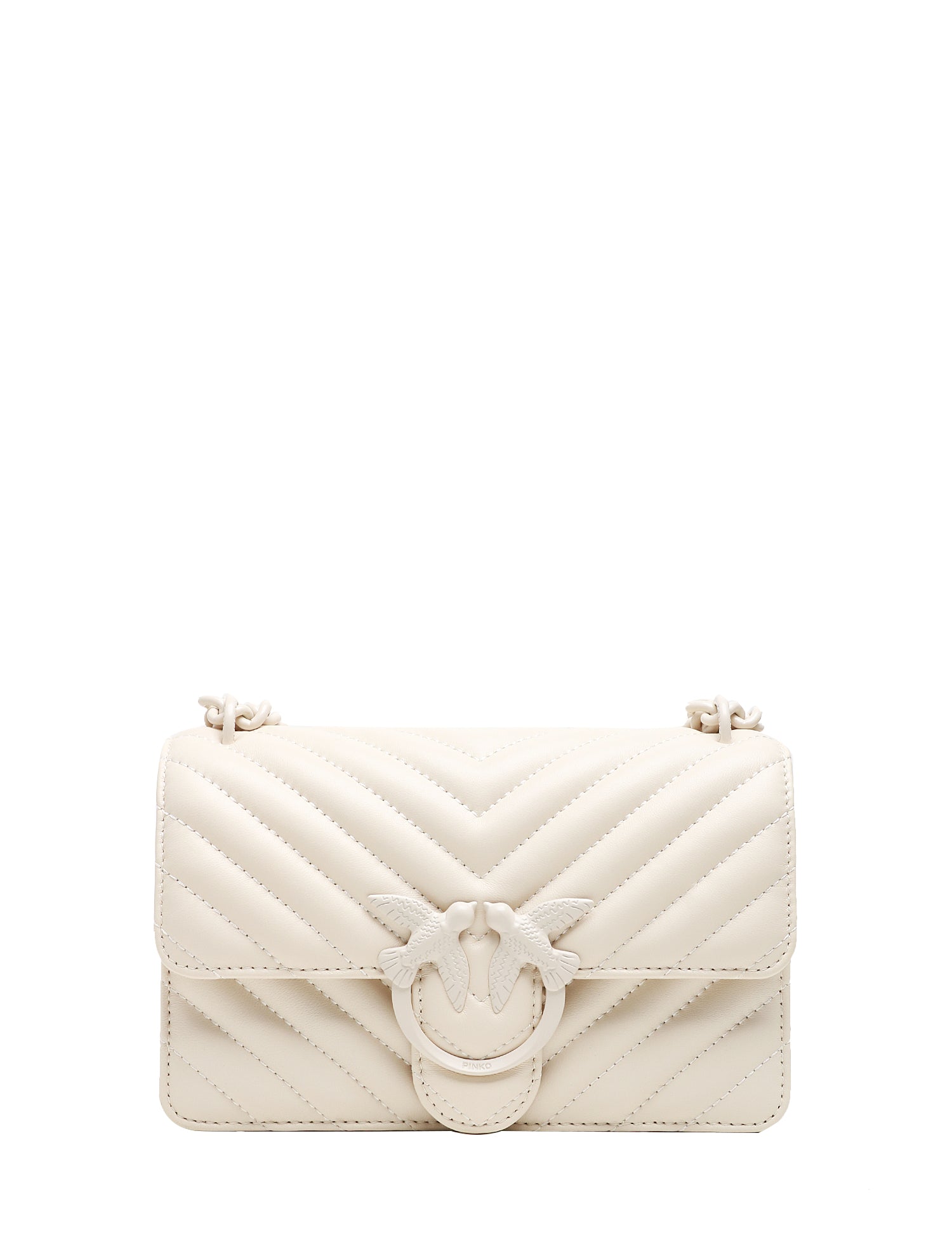 BORSA PINKO BIANCA MINI LOVE BAG ONE IN NAPPA TRAPUNTATA CON MOTIVO CHEVRON E FIBBIA LOGO E CATENA IN TONO