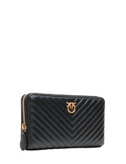 PORTAFOGLIO DONNA PINKO NERO RETTANGOLARE TRAPUNTATO CON LOGO LOVE BIRDS ORO 100% PELLE