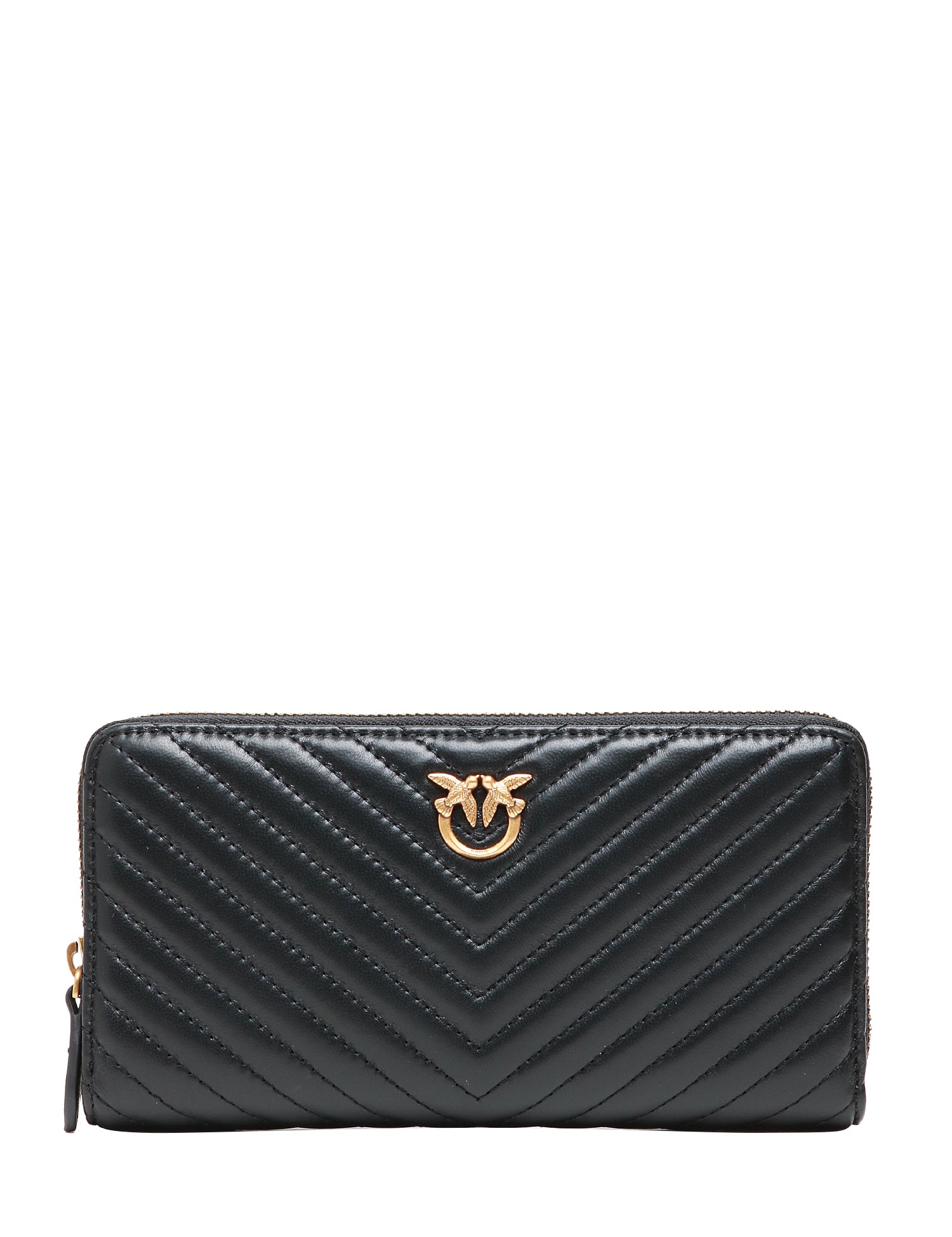 PORTAFOGLIO DONNA PINKO NERO RETTANGOLARE TRAPUNTATO CON LOGO LOVE BIRDS ORO 100% PELLE
