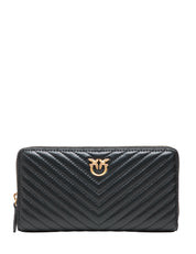PORTAFOGLIO DONNA PINKO NERO RETTANGOLARE TRAPUNTATO CON LOGO LOVE BIRDS ORO 100% PELLE