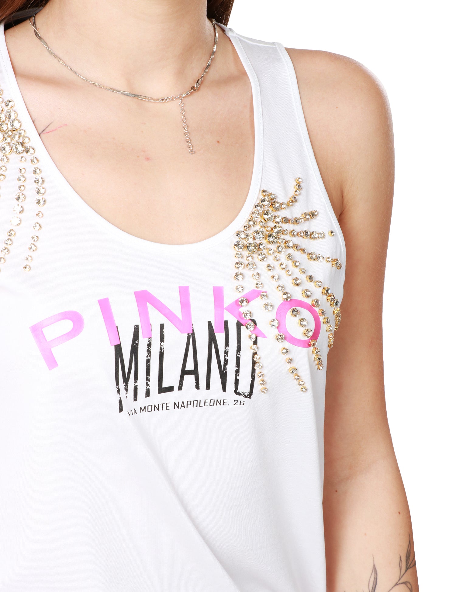 CANOTTA DONNA PINKO BIANCA LESINA CON STAMPA LOGO, STRASS E NODO SUL FIANCO