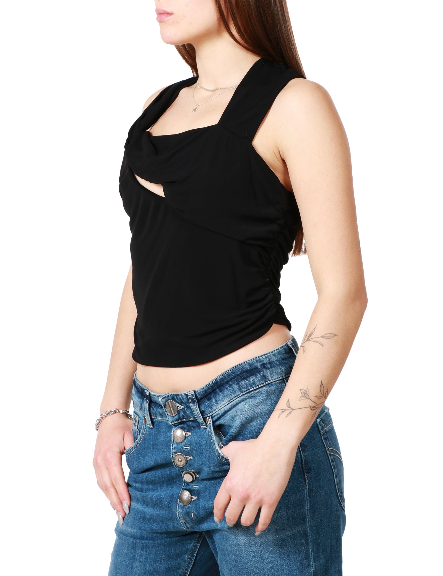TOP DONNA PINKO NERO SENZA MANICHE CON ARRICCIO E DETTAGLI CUT OUT IN TESSUTO INTERLOCK CRèPE DI VISCOSA