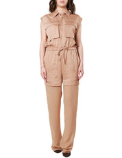TUTA INTERA DONNA PINKO MARRONE TELSIOPE IN SATIN E GEORGETTE CON MAXI TASCHE DAVANTI E COULISSE IN VITA