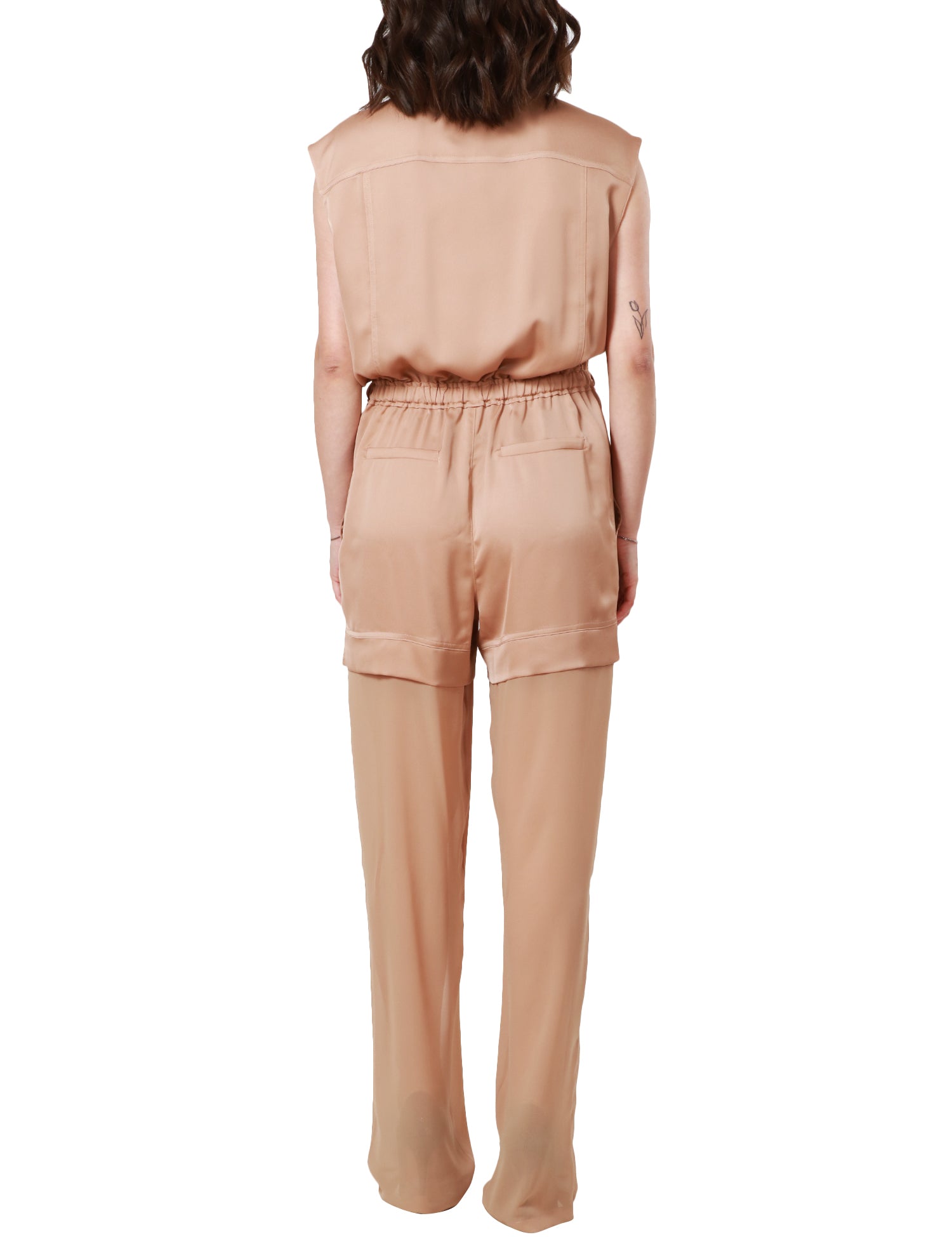 TUTA INTERA DONNA PINKO MARRONE TELSIOPE IN SATIN E GEORGETTE CON MAXI TASCHE DAVANTI E COULISSE IN VITA