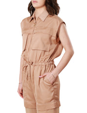 TUTA INTERA DONNA PINKO MARRONE TELSIOPE IN SATIN E GEORGETTE CON MAXI TASCHE DAVANTI E COULISSE IN VITA