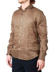 CAMICIA UOMO PORTOFIORI FANGO 100% LINO A MANICA LUNGA