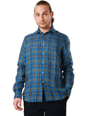 CAMICIA UOMO PORTOFIORI BLU FANTASIA A QUADRI 100% LINO A MANICA LUNGA
