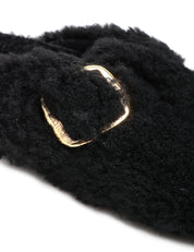 CIABATTA DONNA BIRKENSTOCK NERA BOSTON BIG BUCKLE SHEARLING TEDDY IN LANA CON FIBBIA ORO