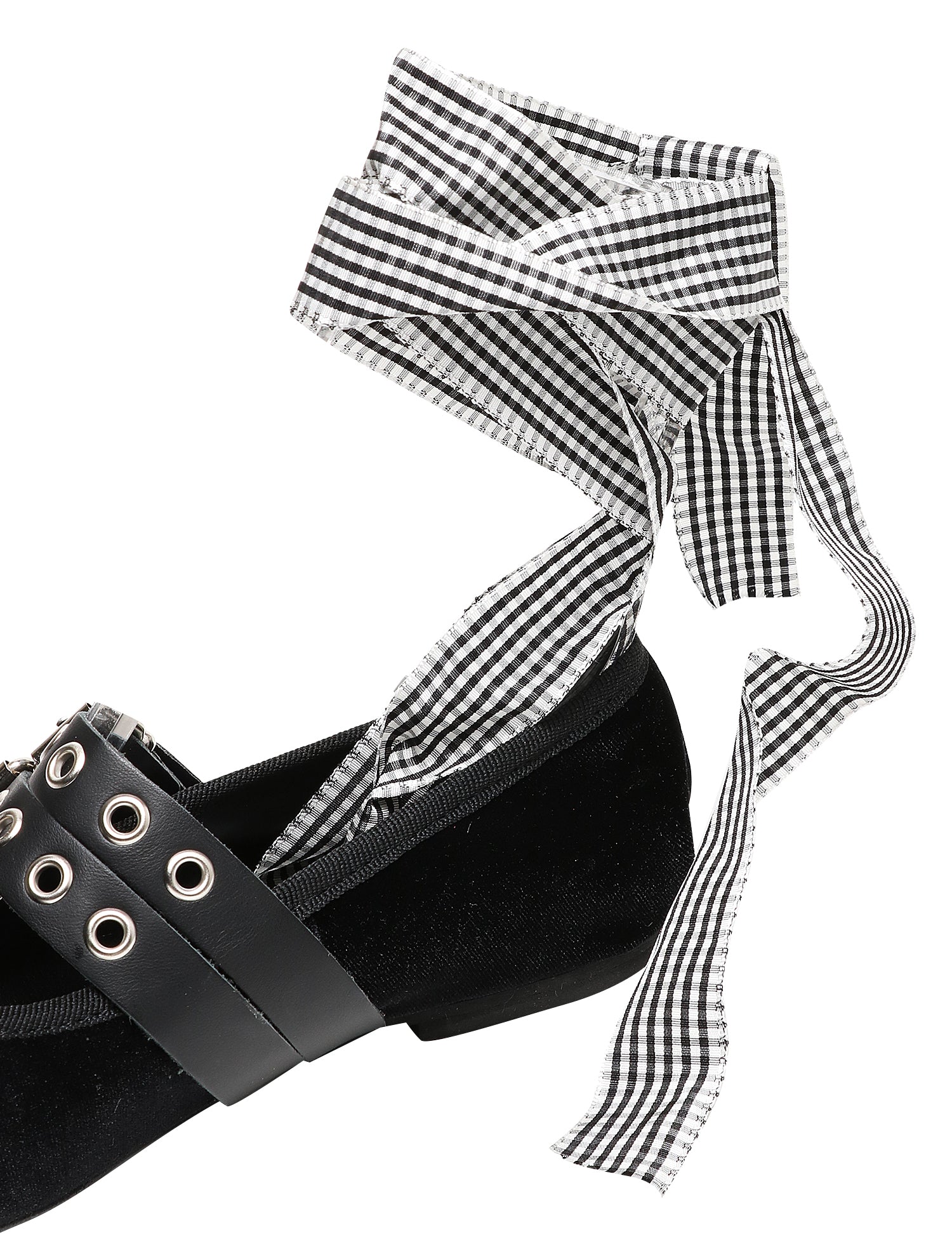 SCARPA BALLERINA DIVINE FOLLIE NERA IN VELLUTO CON DOPPIO CINTURINO BORCHIATO E NASTRO VICHY