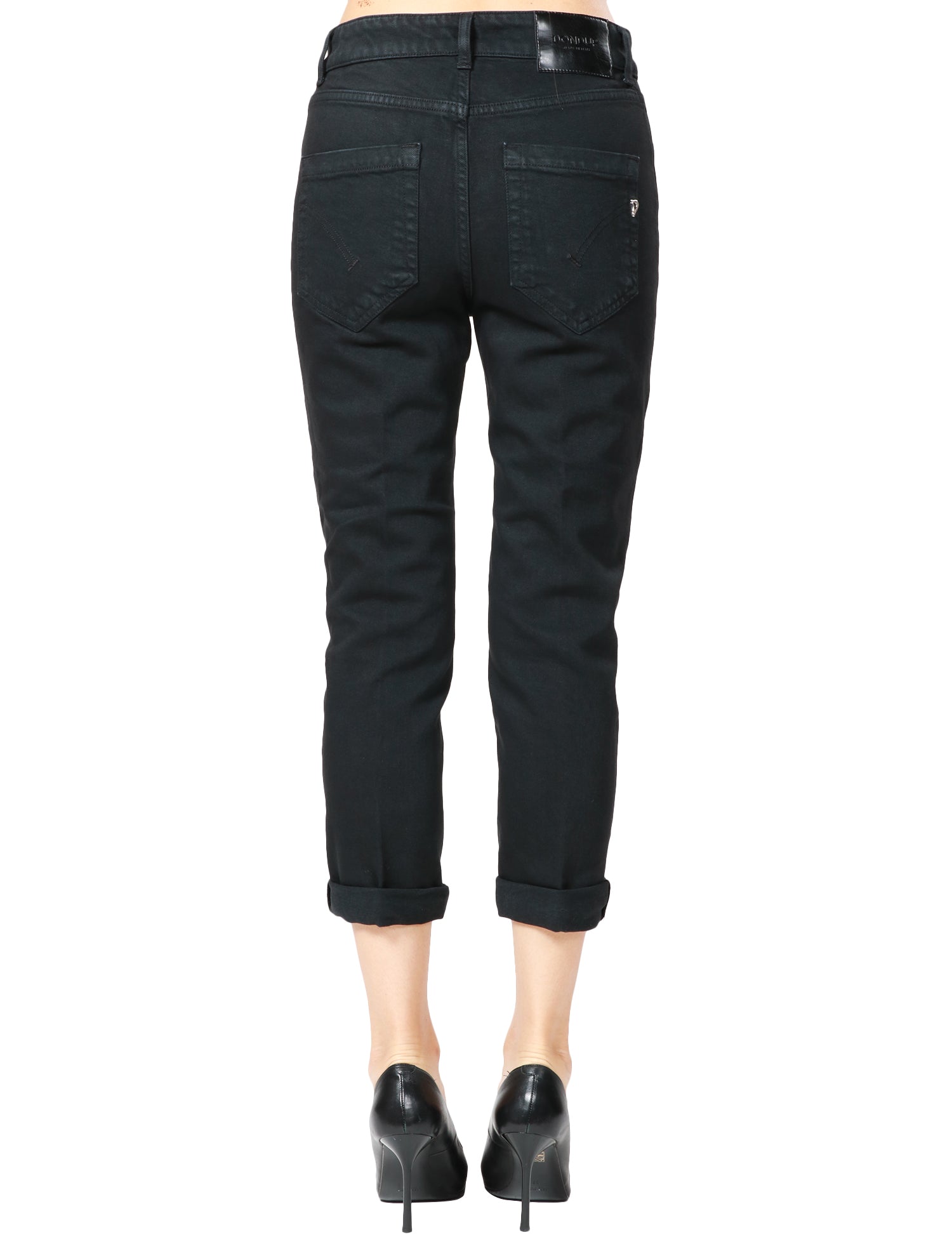 JEANS DONNA DONDUP KOONS IN DENIM NERO CINQUE TASCHE A VITA REGOLARE CON BOTTONIERA GIOIELLO E LUNGHEZZA ALLA CAVIGLIA