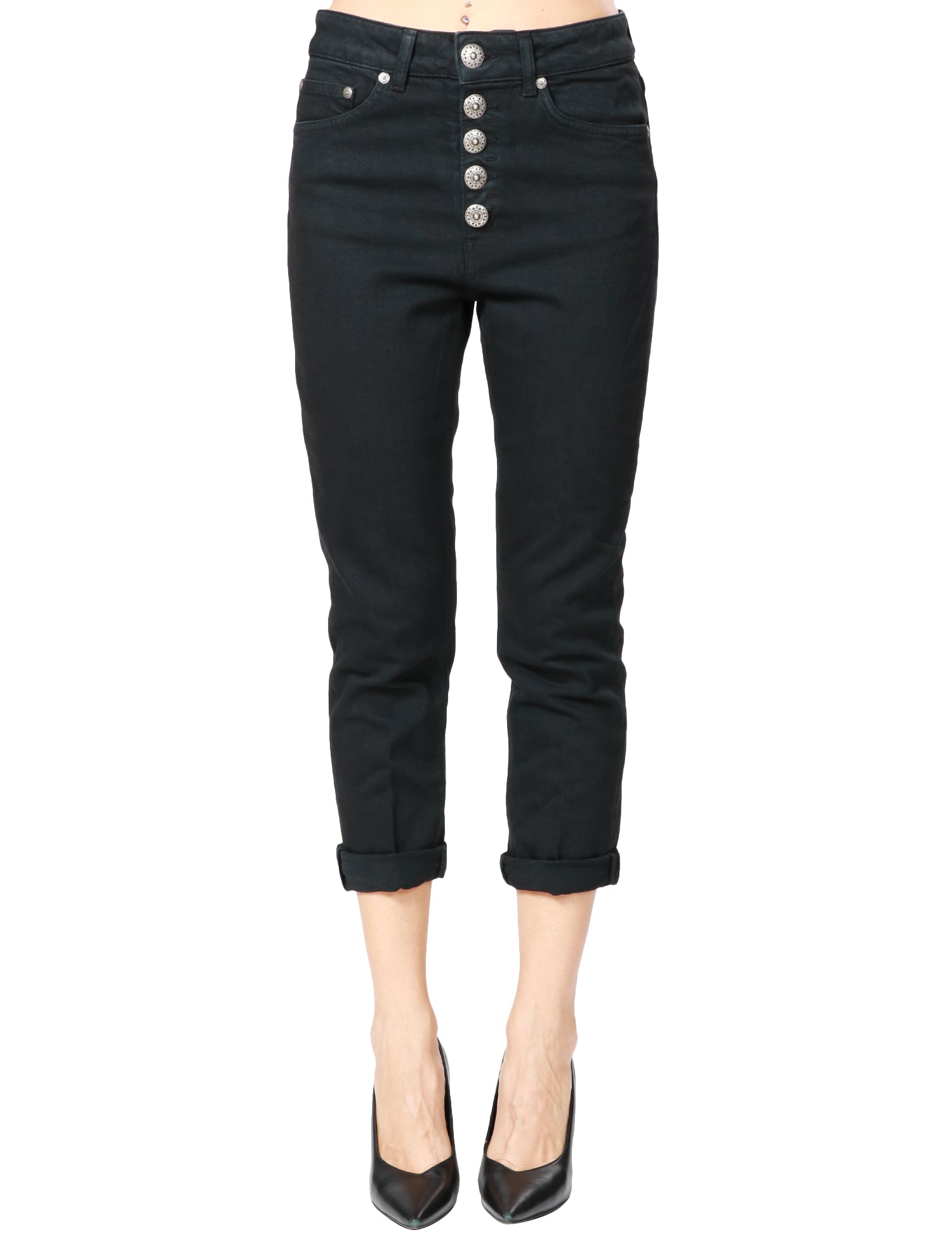 JEANS DONNA DONDUP KOONS IN DENIM NERO CINQUE TASCHE A VITA REGOLARE CON BOTTONIERA GIOIELLO E LUNGHEZZA ALLA CAVIGLIA