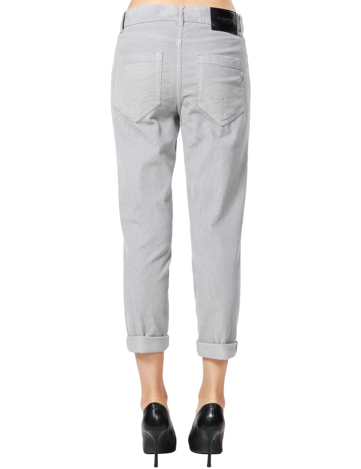 PANTALONE DONNA DONDUP KOONS GRIGIO CHIARO CINQUE TASCHE IN VELLUTO E COTONE CON BOTTONIERA GIOIELLO