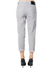 PANTALONE DONNA DONDUP KOONS GRIGIO CHIARO CINQUE TASCHE IN VELLUTO E COTONE CON BOTTONIERA GIOIELLO