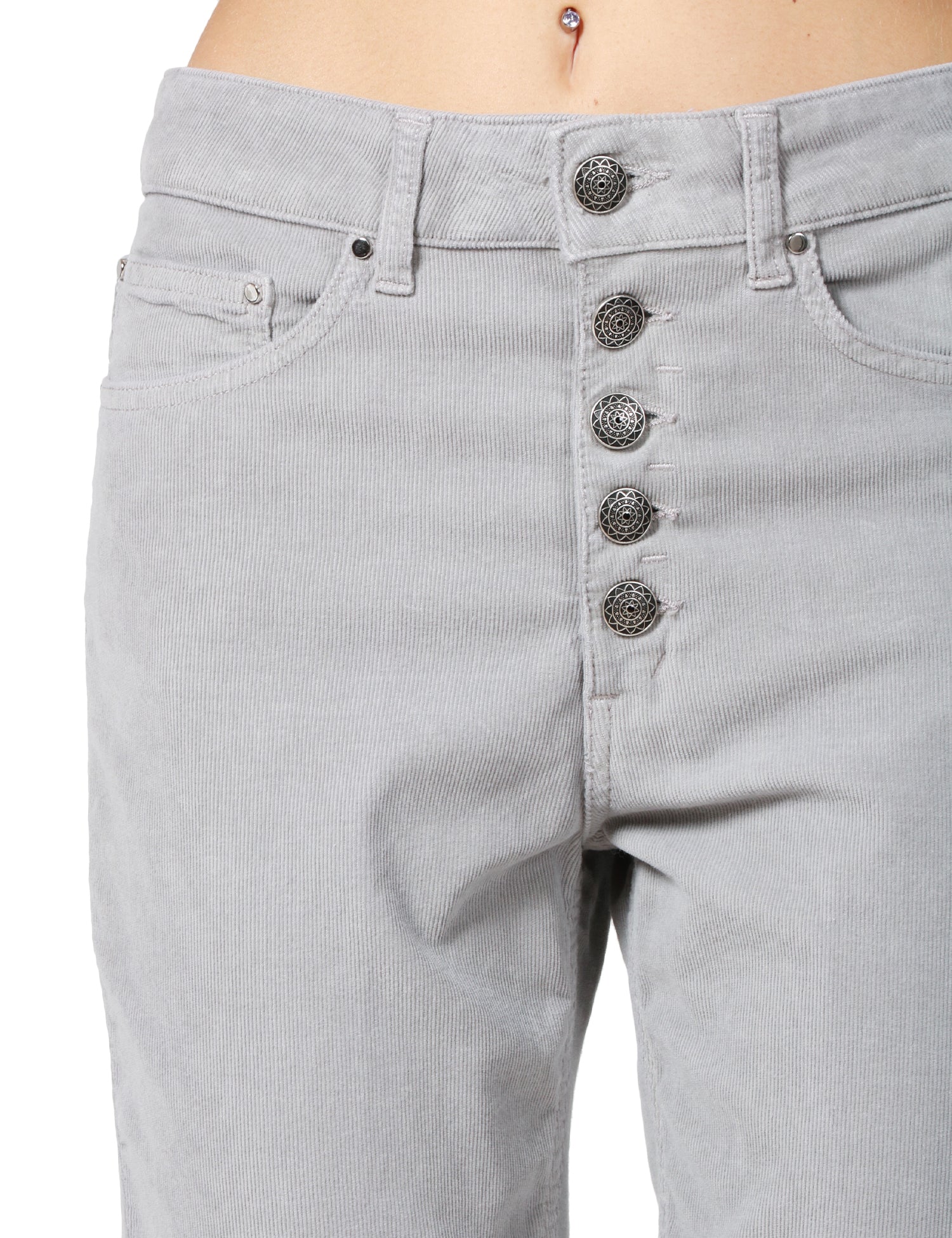 PANTALONE DONNA DONDUP KOONS GRIGIO CHIARO CINQUE TASCHE IN VELLUTO E COTONE CON BOTTONIERA GIOIELLO