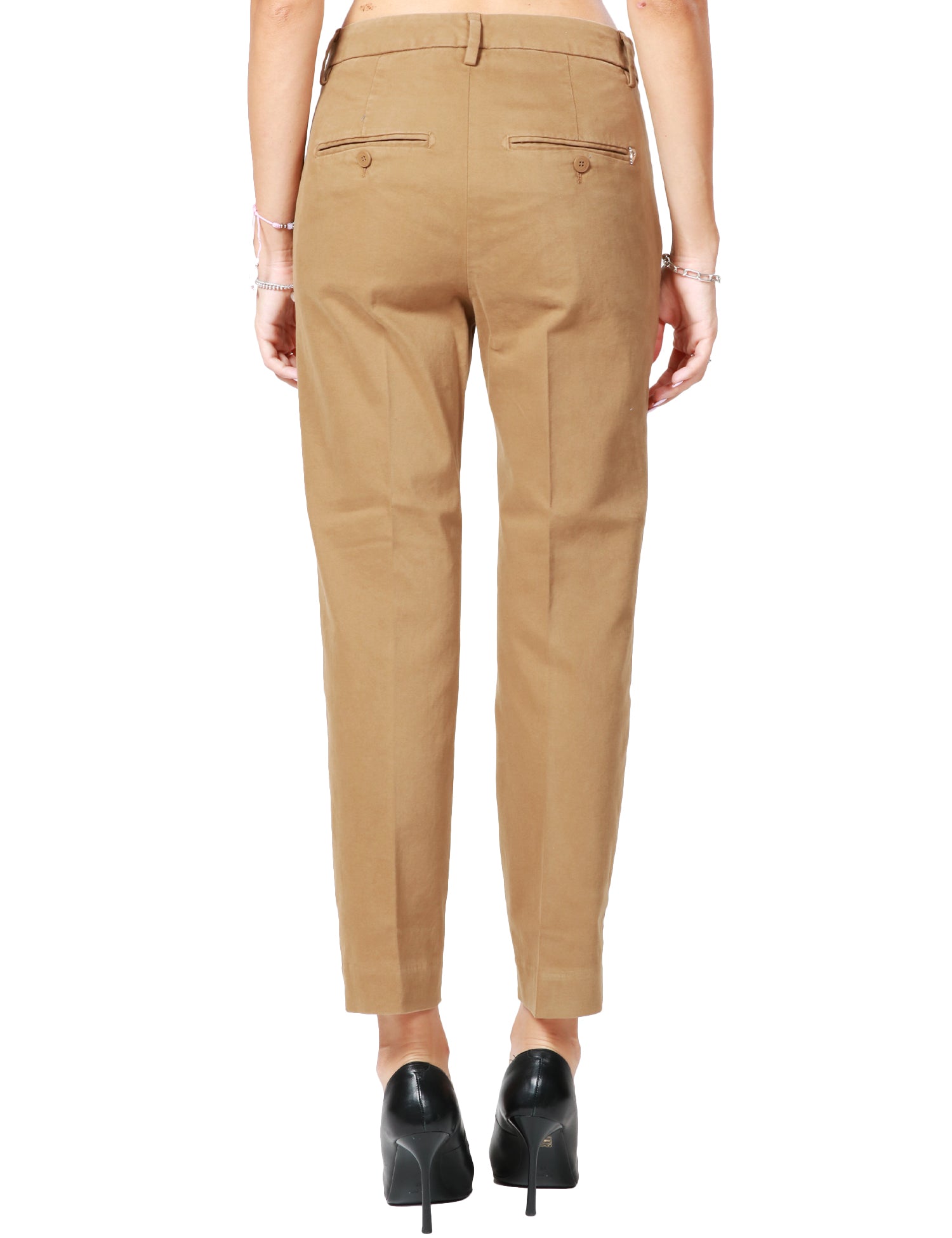 PANTALONE DONNA DONDUP NIMA TABACCO TINTO IN CAPO CON BOTTONIERA GIOIELLO IN GABARDINA STERTCH MANO CALDA