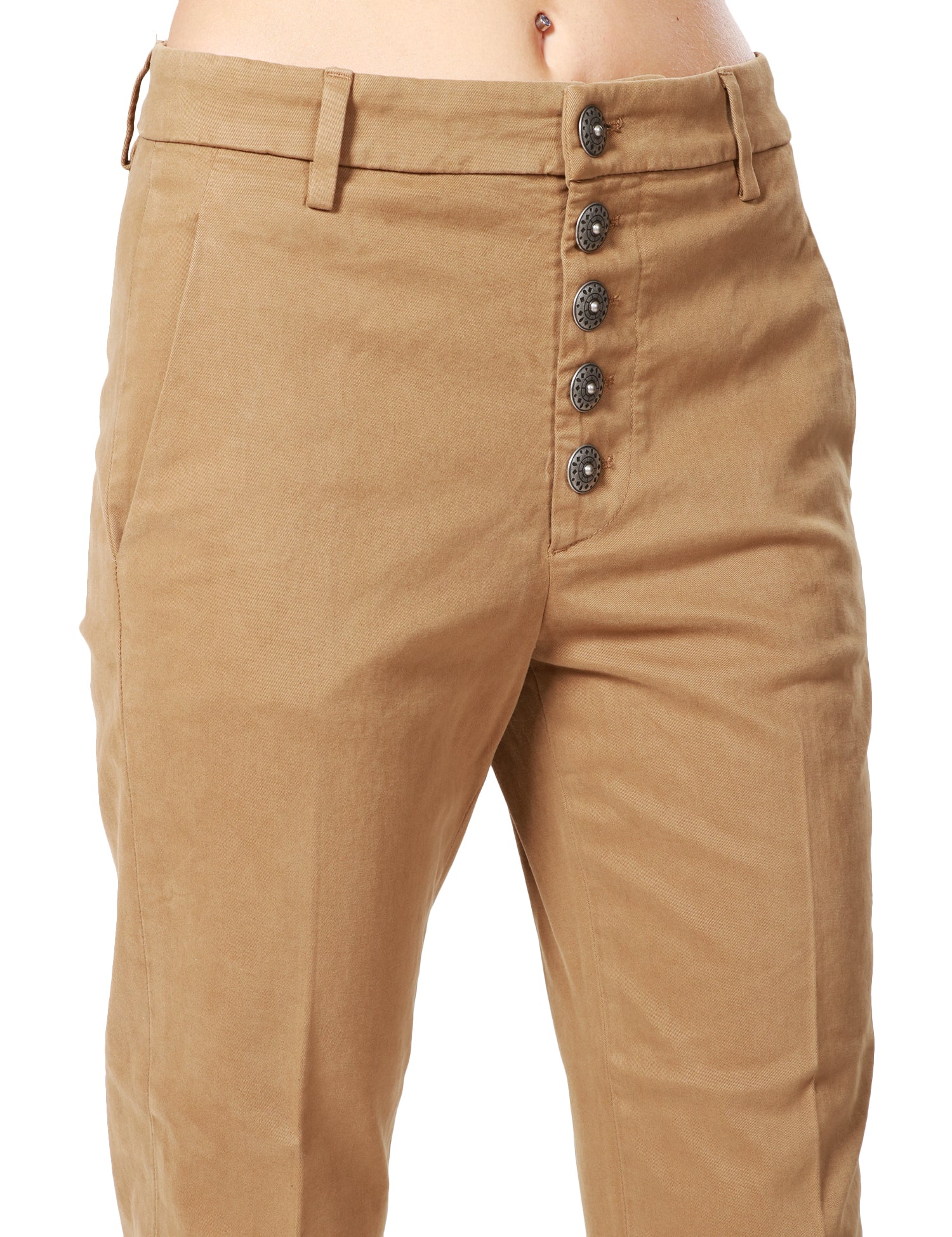 PANTALONE DONNA DONDUP NIMA TABACCO TINTO IN CAPO CON BOTTONIERA GIOIELLO IN GABARDINA STERTCH MANO CALDA