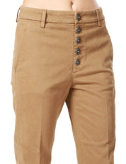 PANTALONE DONNA DONDUP NIMA TABACCO TINTO IN CAPO CON BOTTONIERA GIOIELLO IN GABARDINA STERTCH MANO CALDA