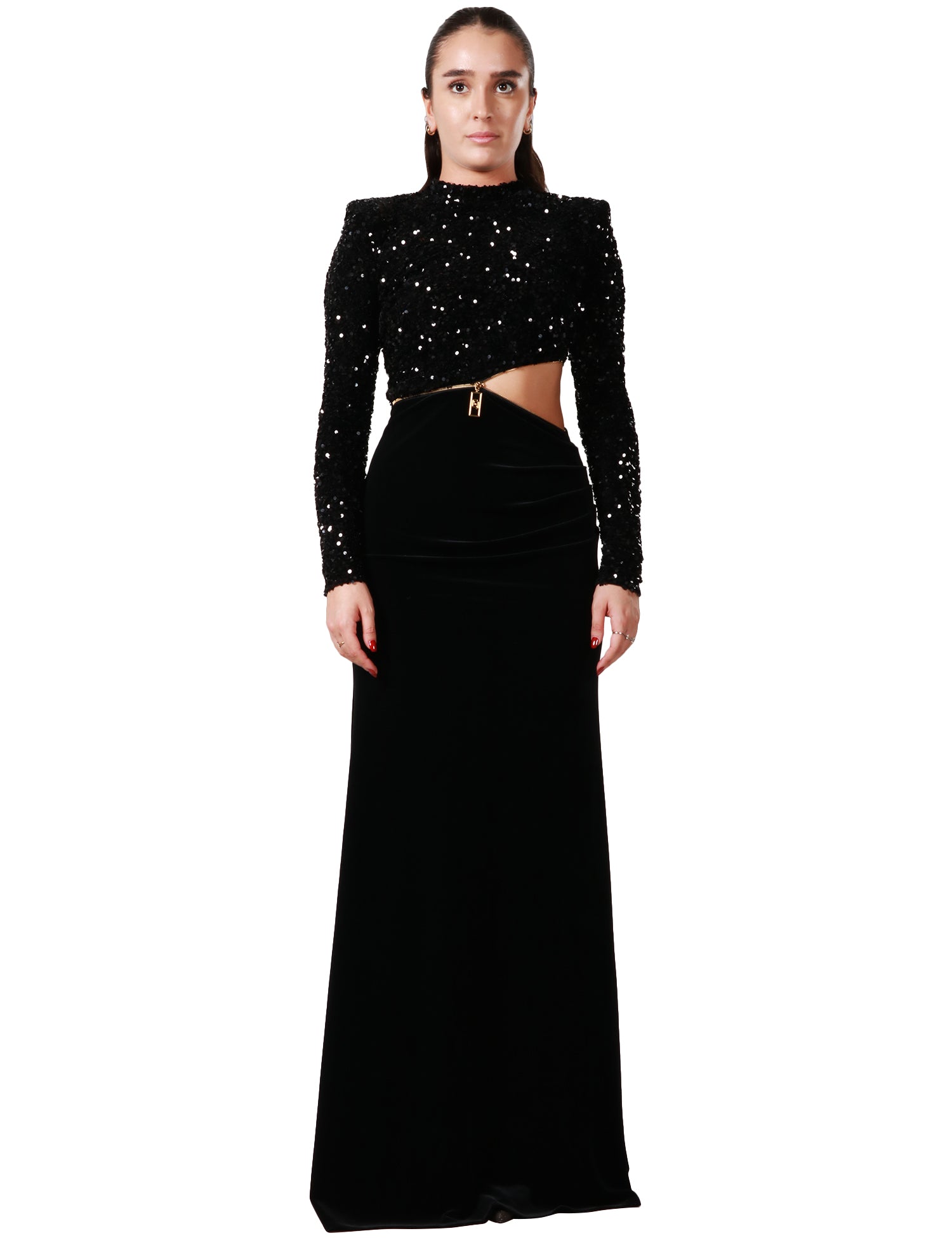 ELISABETTA FRANCHI ABITO LUNGO DONNA ELISABETTA FRANCHI NERO A MANICA LUNGA IN CINIGLIA CON PAILLETTES E GONNA A SIRENA IN VELLUTO AB73647E2 bluejoy it