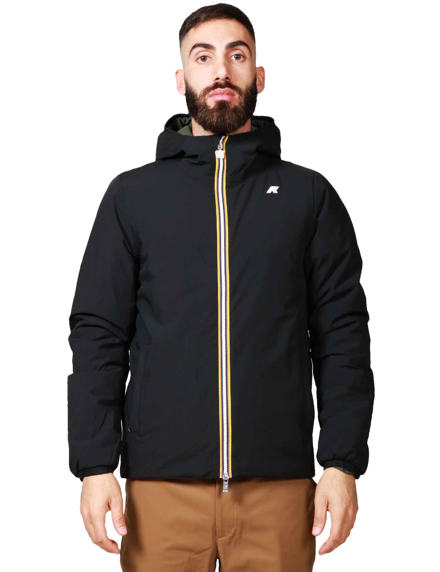 GIUBBOTTO UOMO K-WAY JACK VERDE/NERO REVERSIBILE CON ZIP E CAPPUCCIO IN POLIESTERE IMPERMEABILE E IMBOTTITURA OVATTA