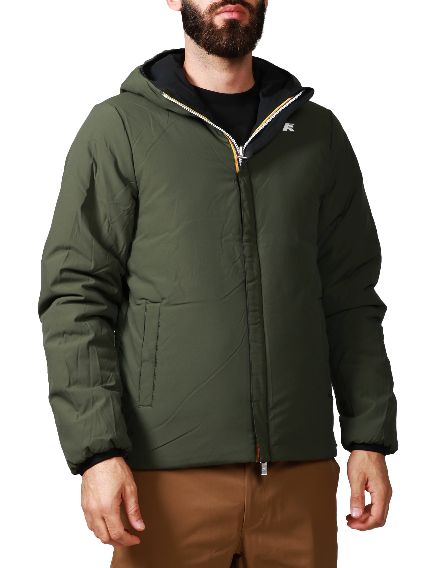 GIUBBOTTO UOMO K-WAY JACK VERDE/NERO REVERSIBILE CON ZIP E CAPPUCCIO IN POLIESTERE IMPERMEABILE E IMBOTTITURA OVATTA