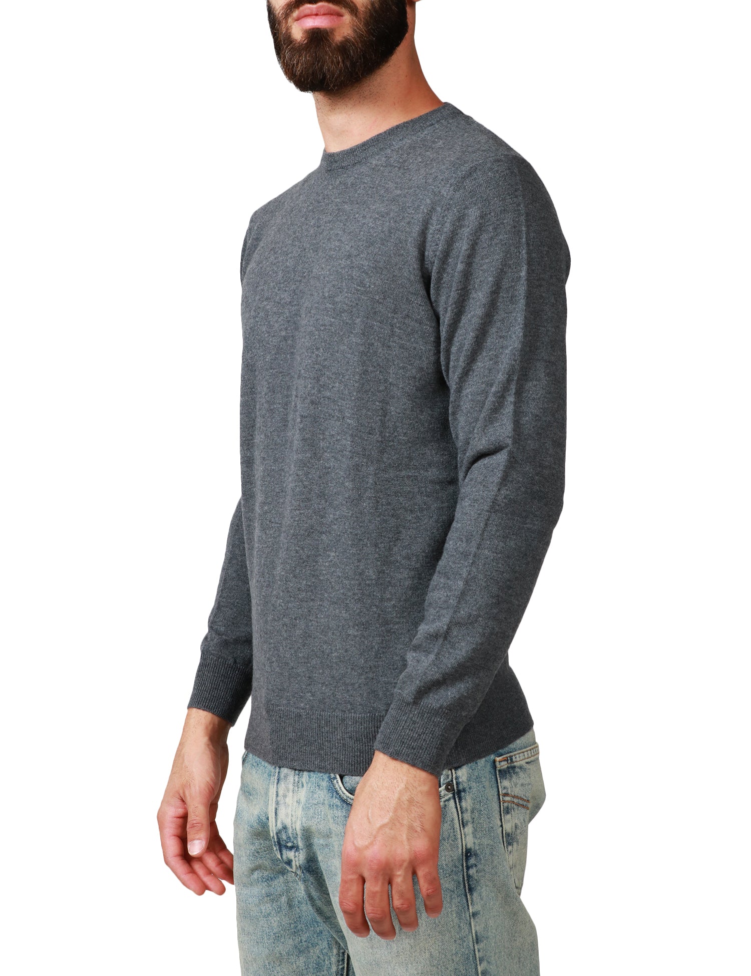 MAGLIONE UOMO KANGRA GRIGIO FUMO GIROCOLLO CON POLSI E FONDI LAVORATI E COSTINE IN LANA RASATA