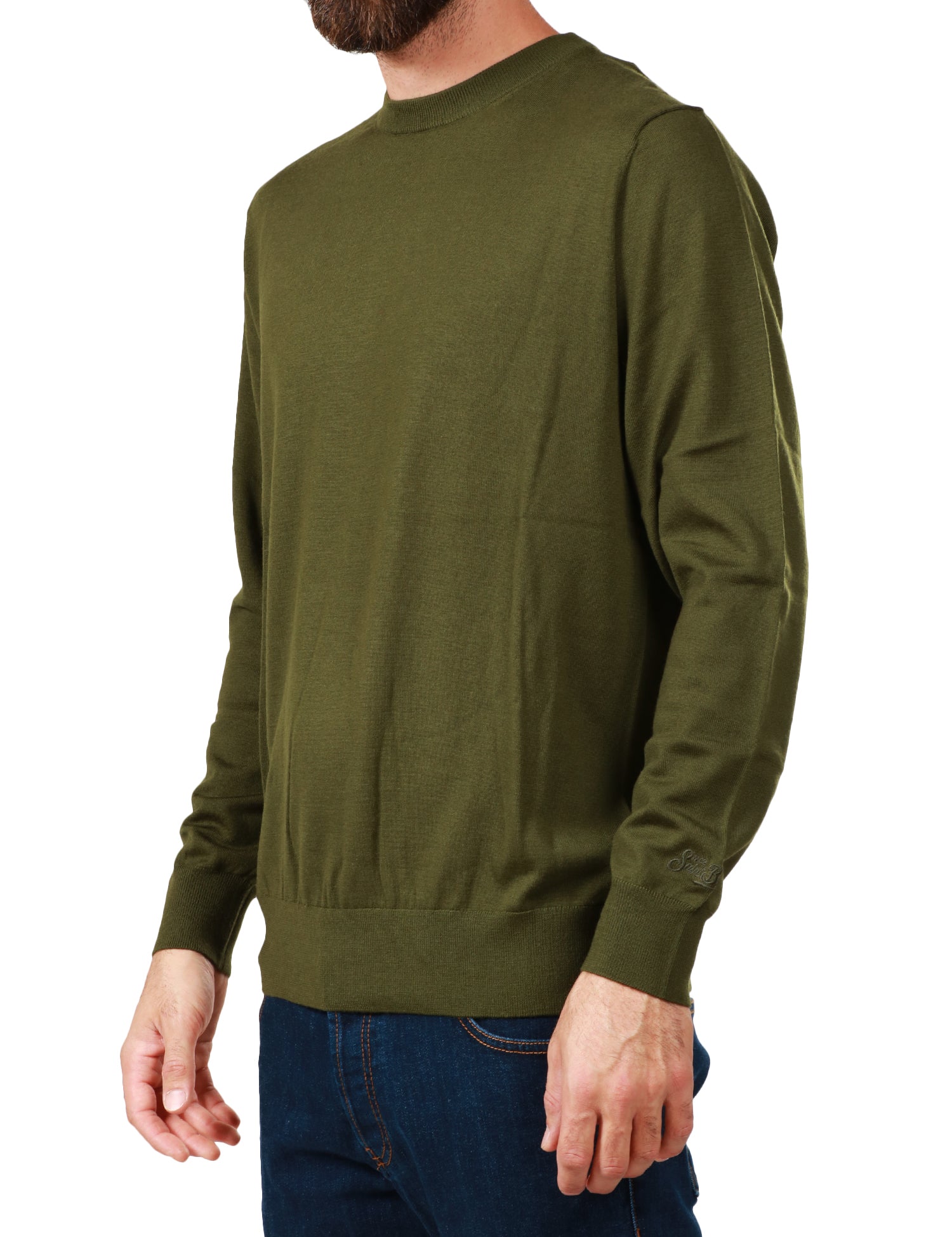 MAGLIONE UOMO MC 2 SAINT BARTH VERDE MILITARE GIROCOLLO CON RICAMO LOGO SUL POLSINO IN LANA MERINO 100%