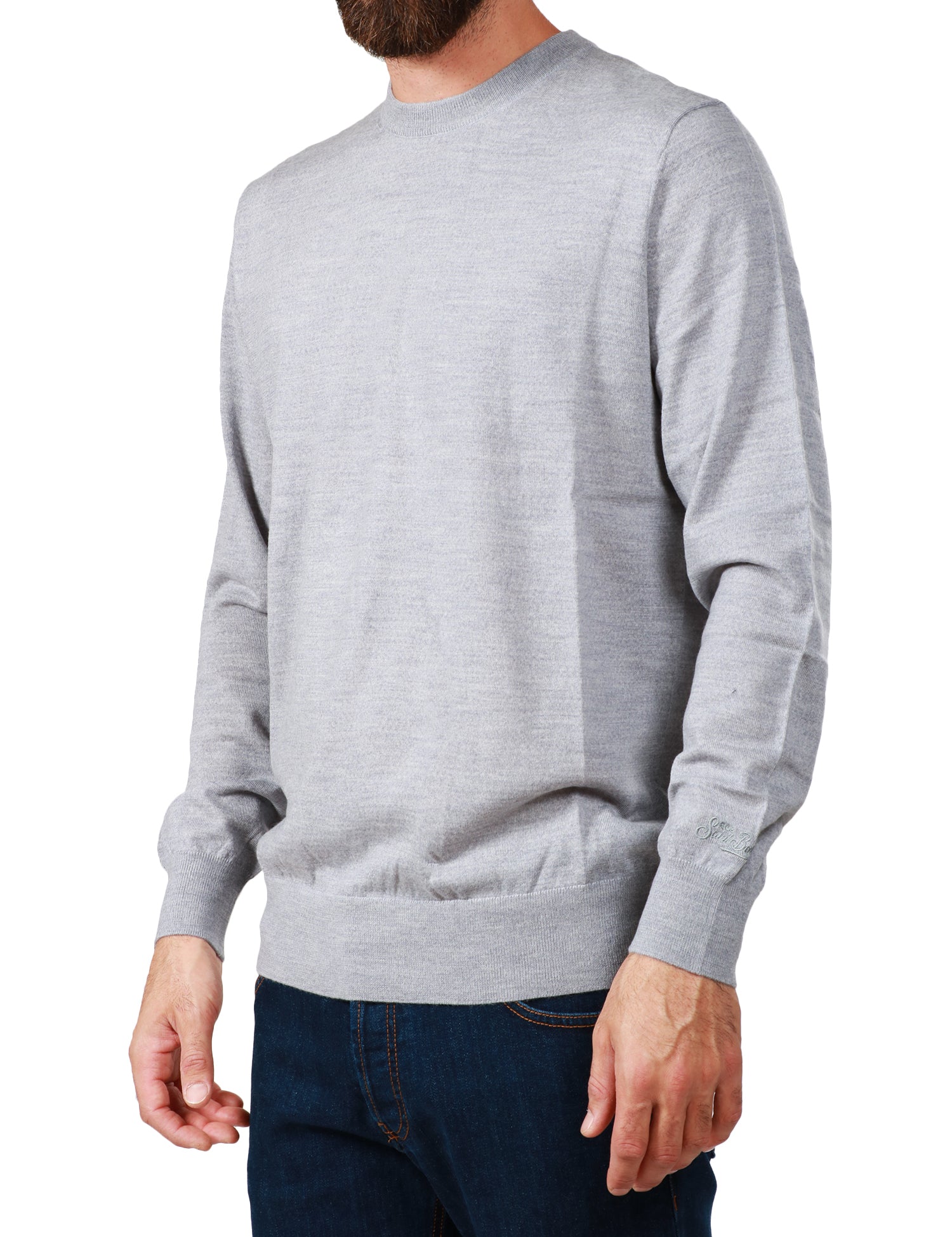 MAGLIONE UOMO MC 2 SAINT BARTH GRIGIO CHIARO GIROCOLLO CON RICAMO LOGO SUL POLSINO IN LANA MERINO 100%